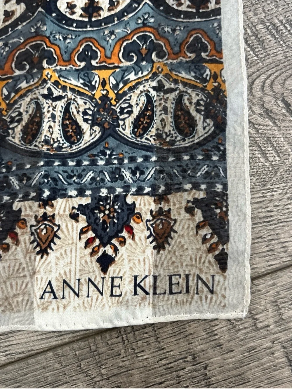 Anne Klein Cream Paisley Border Scarf with Blue & Brown Accents